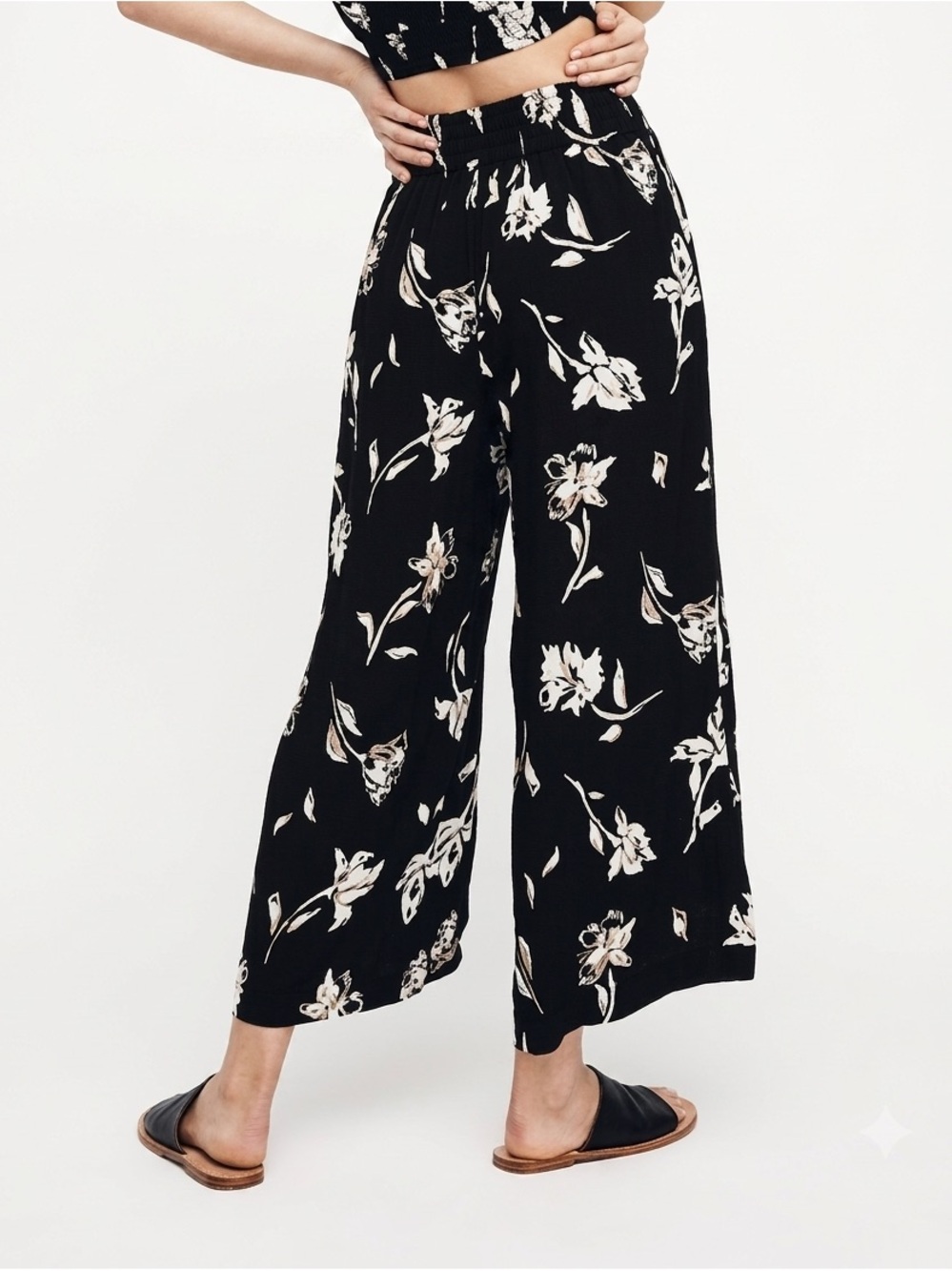 Free People Nile River Floral Smocked Wide Leg Crop Pants Black